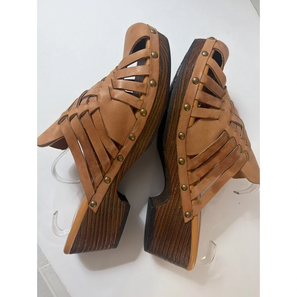 Korks by Kork-Ease Tan Woven Leather Wood Wedge Clogs Mules Size US 11 EU 43 - Picture 11 of 14